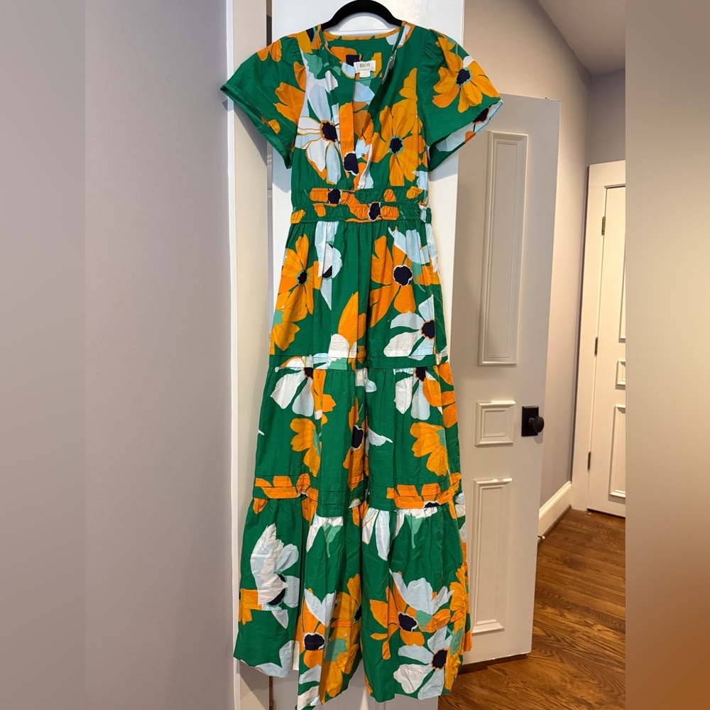 XXS Maeve by Anthropologie green and gold maxi dress